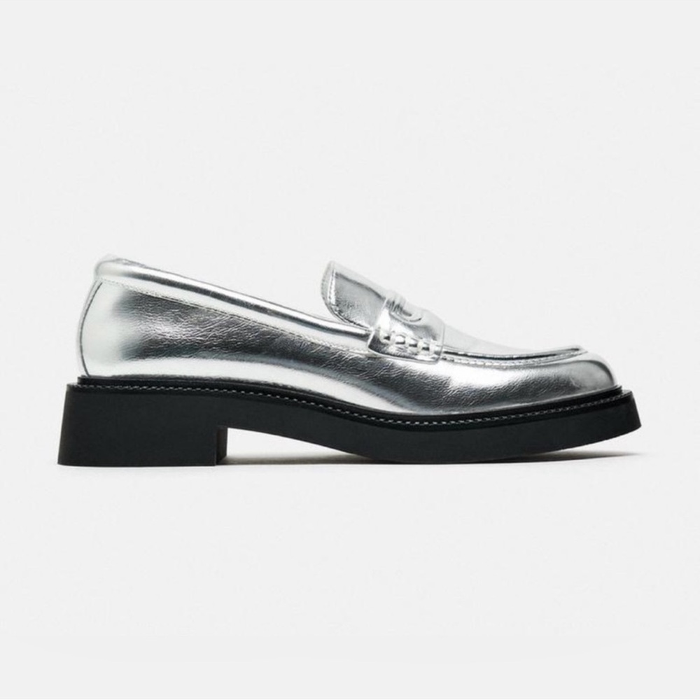 ZARA Metallic Silver Lug Sole Loafers 7.5 - Picture 8 of 11